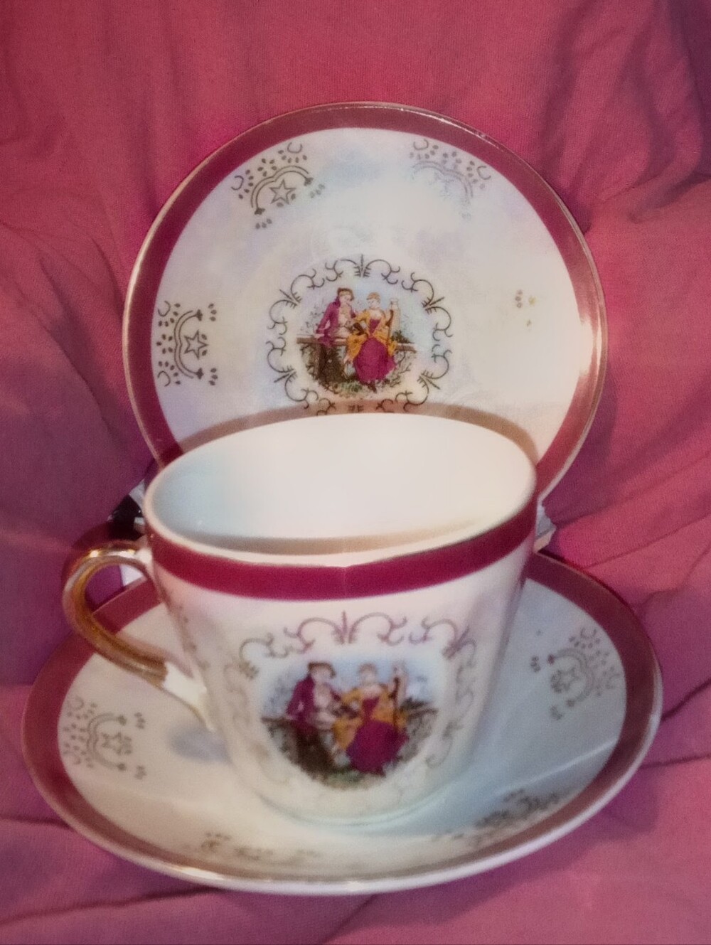 Vintage Lordshade Dancy Demitasse Trio - 1 Cup, 2 Saucers Courting Couple